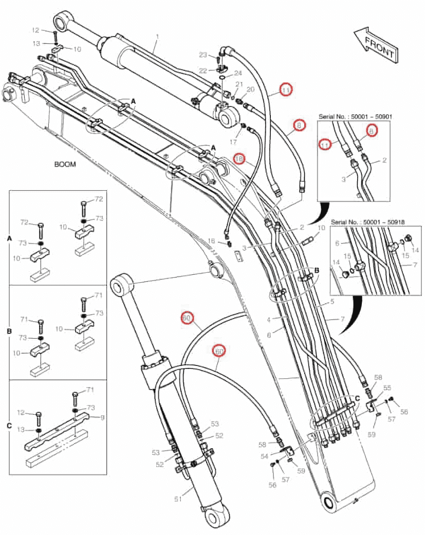 Doosan DX80R installation diagram showing hydraulic hose DS2053831 at Pipe No. 8