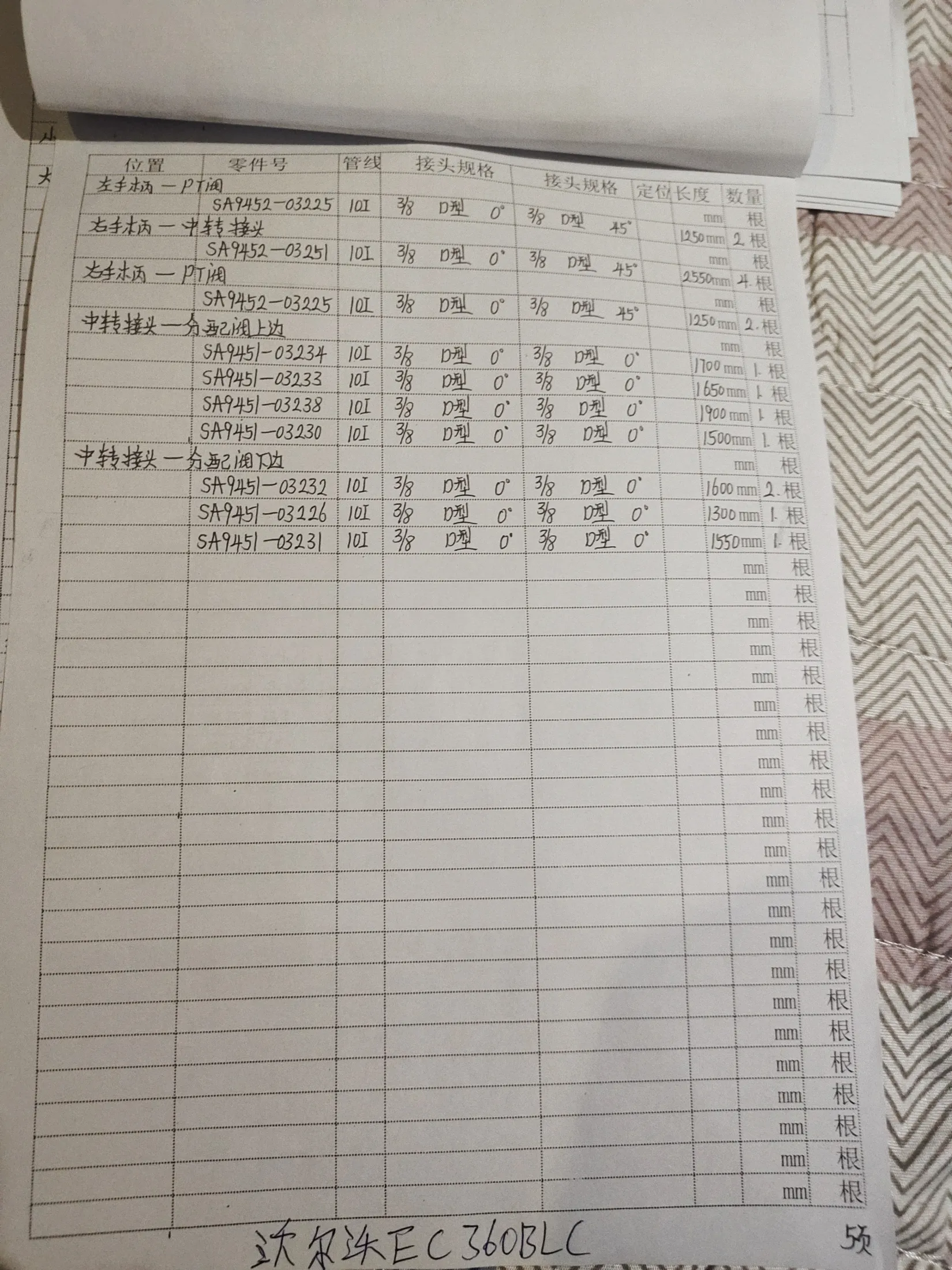 Volvo 85001--85181 hydraulic hose part numbers and recorded lengths — technician notebook page 5 of 5 — recorded hose parts SA9451-03230, SA9451-03231, SA9451-03232