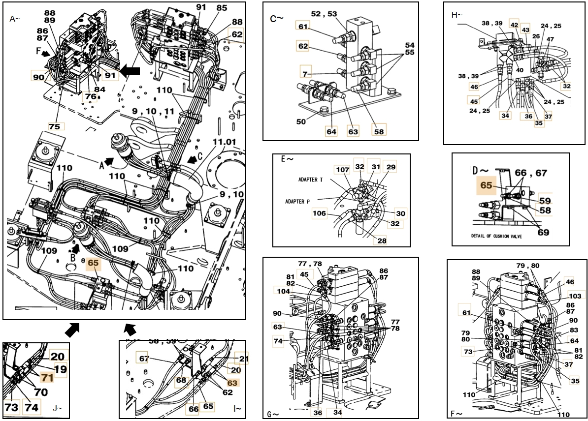 Case CX75SR installation diagram showing hydraulic hose KHJ2312 at Pipe No. 36