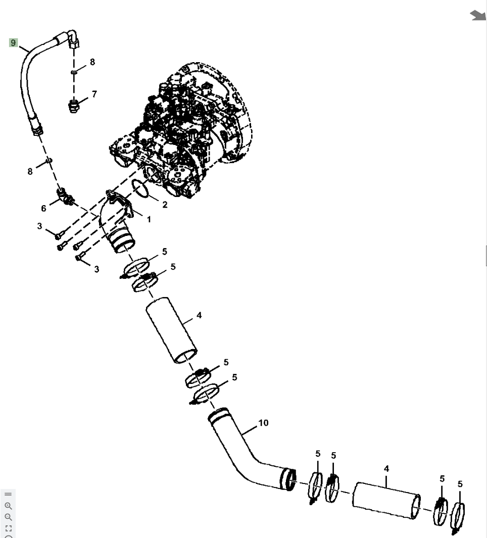 Hitachi ZX210LC-5A installation diagram showing hydraulic hose 4644625 at Pipe No. 9