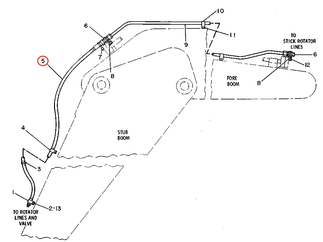 Caterpillar CAT®219 installation diagram showing hydraulic hose 5C-5136 at Pipe No. 5