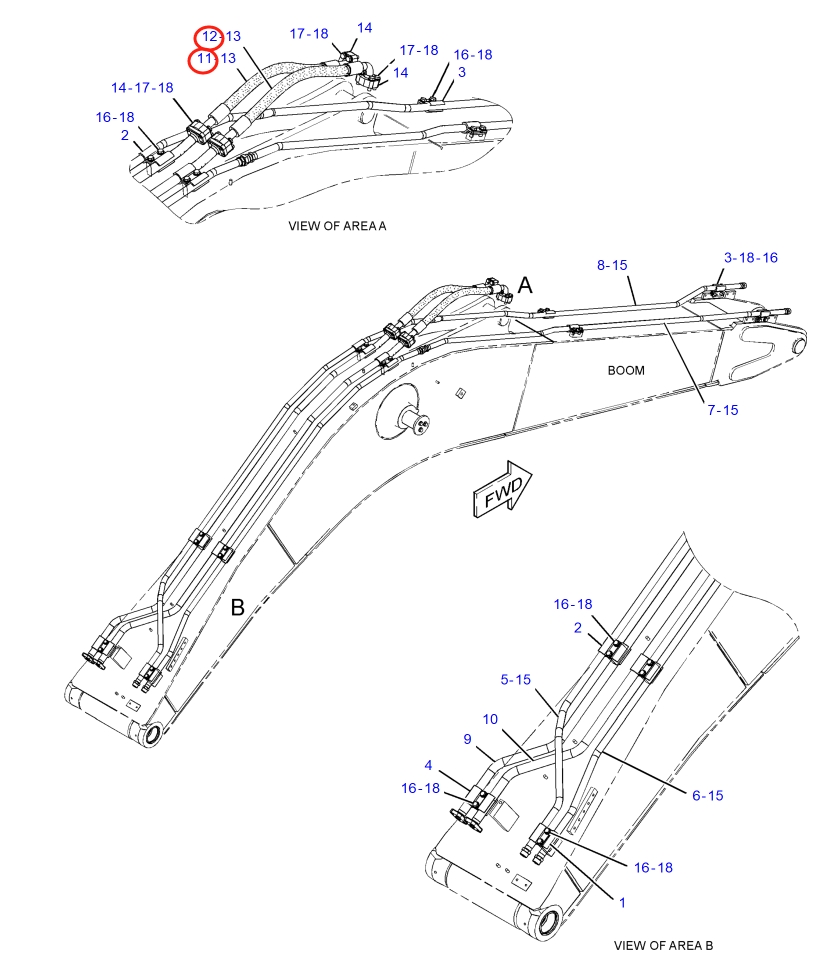 Caterpillar CAT®316F installation diagram showing hydraulic hose 372-9692 at Pipe No. 11