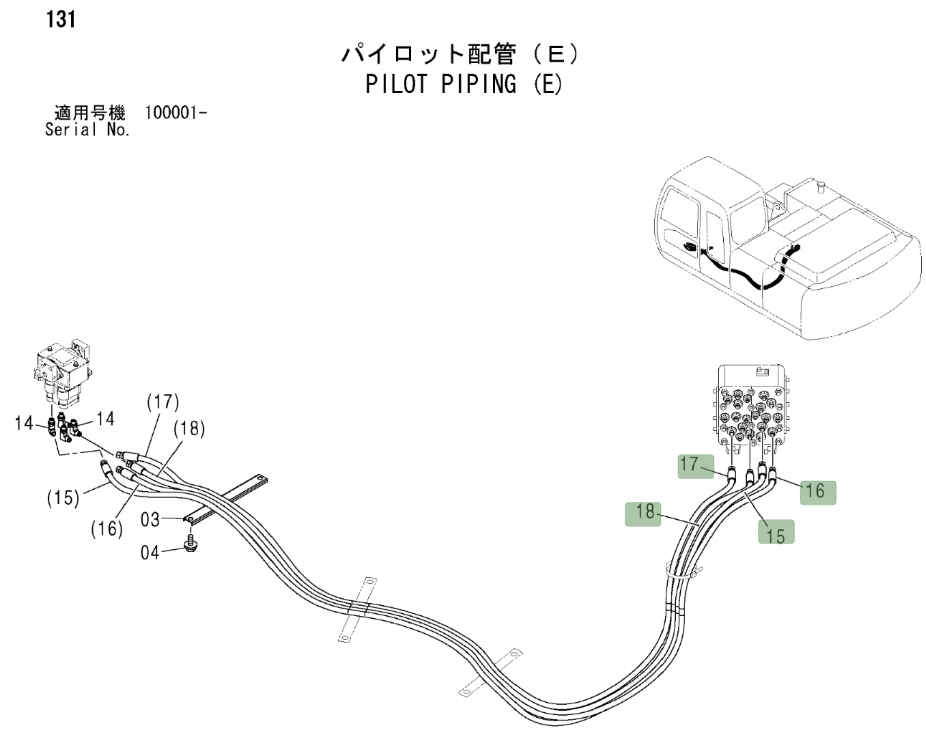 Hitachi ZX200LC installation diagram showing hydraulic hose 4607964 at Pipe No. 18