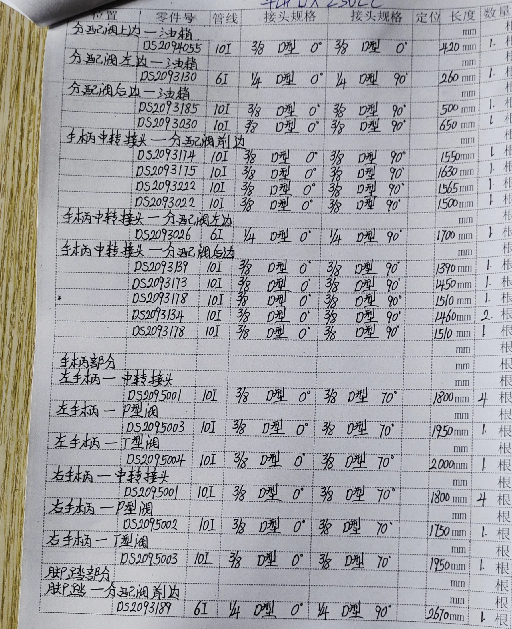 Doosan DX230LC hydraulic hose part numbers and recorded lengths — technician notebook page 4 of 5
