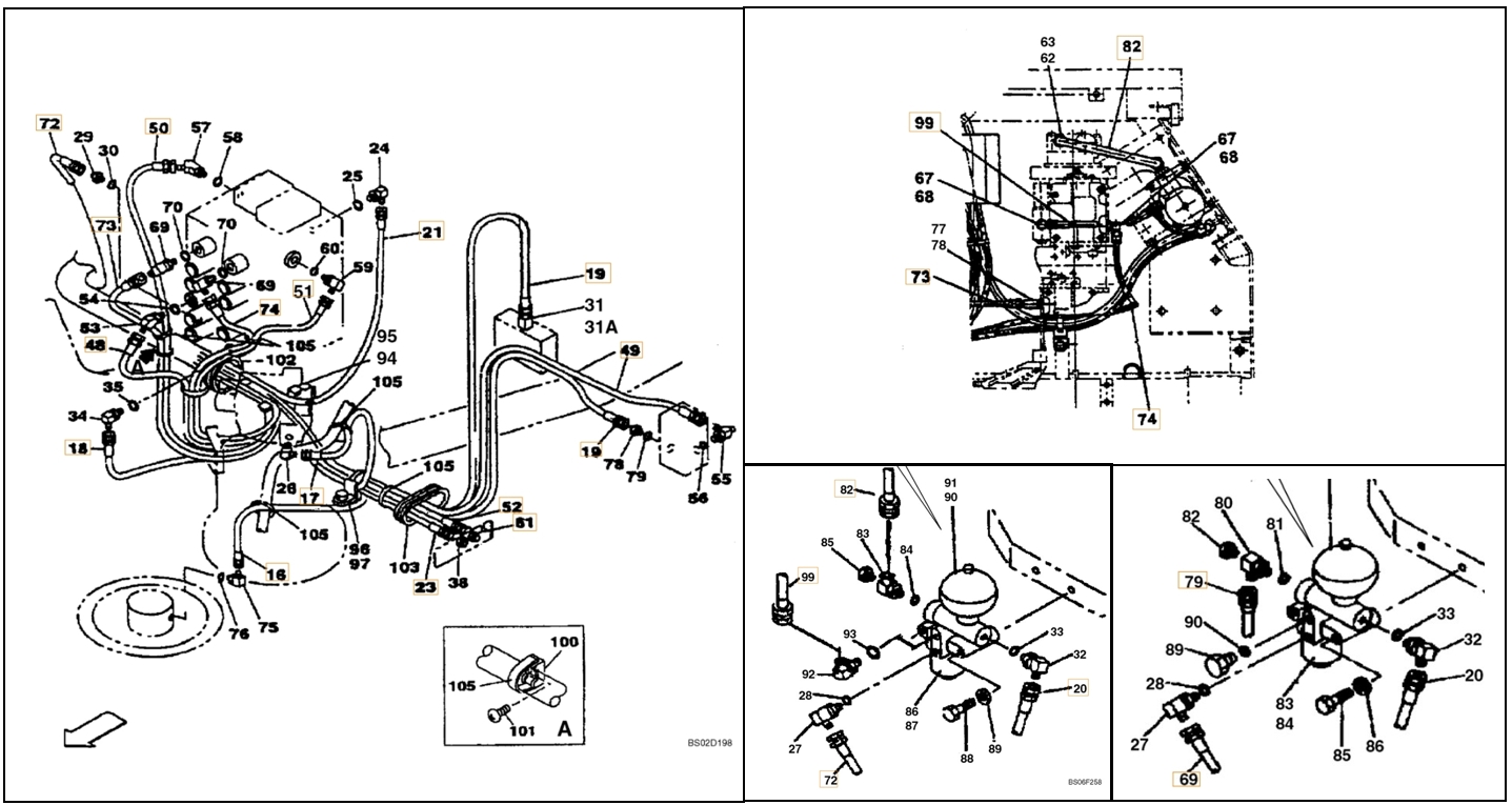 Case CX130 installation diagram showing hydraulic hose 152270A1 at Pipe No. 74