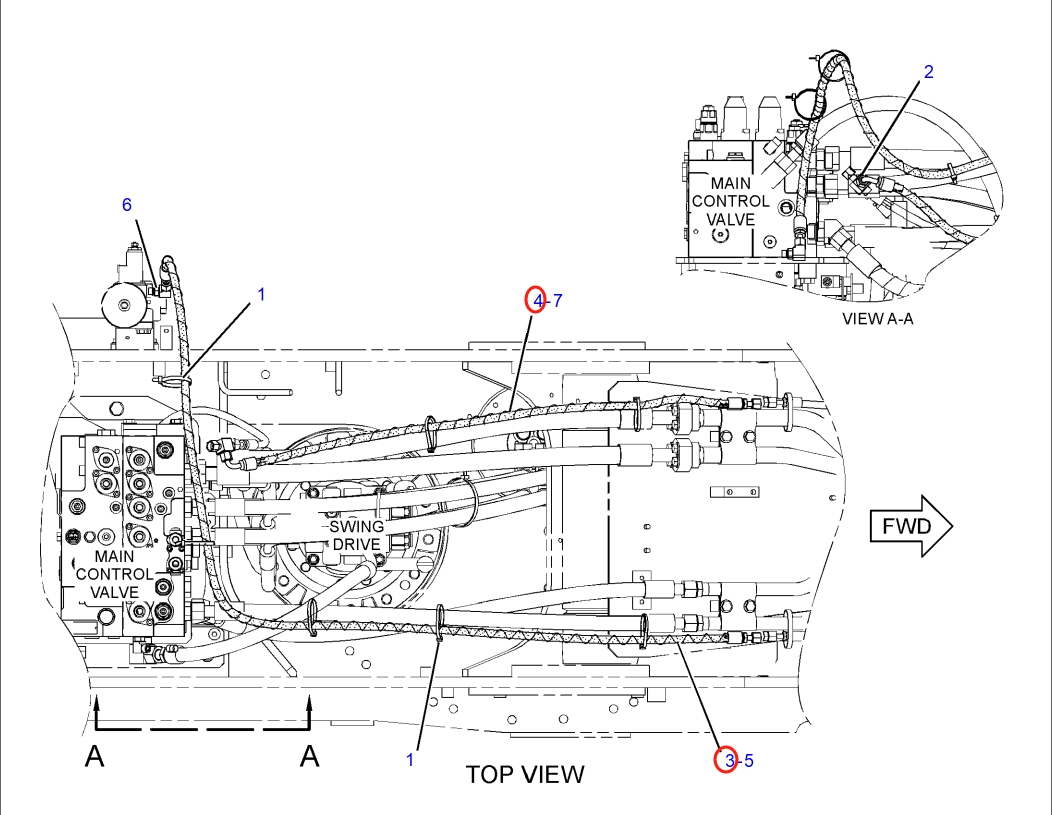 Caterpillar CAT®316E L installation diagram showing hydraulic hose 351-4999 at Pipe No. 3