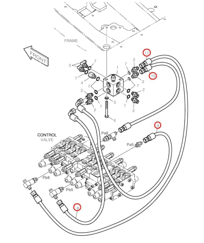 Doosan DX30Z installation diagram showing hydraulic hose DS2093200 at Pipe No. 8