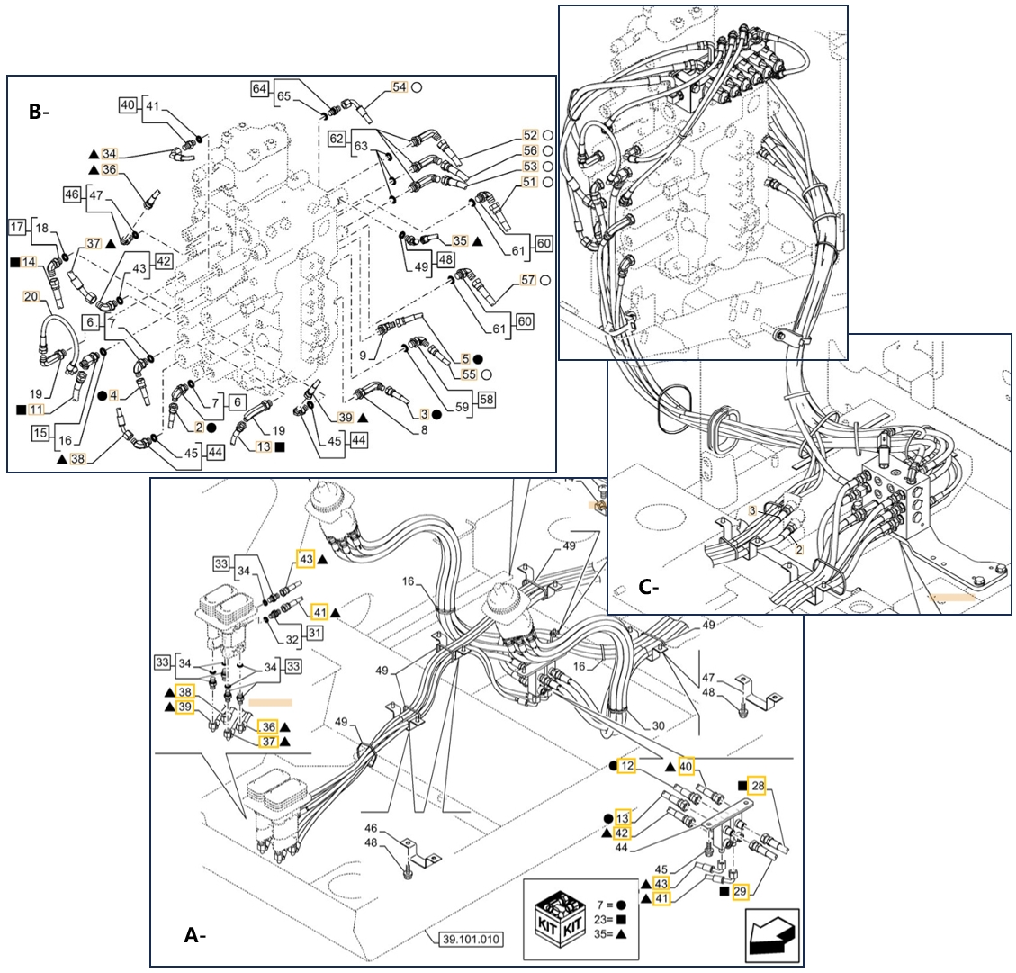 Case CX210E LC installation diagram showing hydraulic hose KHJ2165 at Pipe No. A36-B2