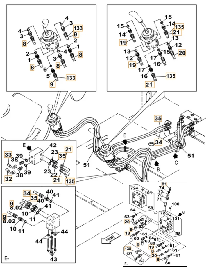 Case CX220B installation diagram showing hydraulic hose 159211A1 at Pipe No. 8
