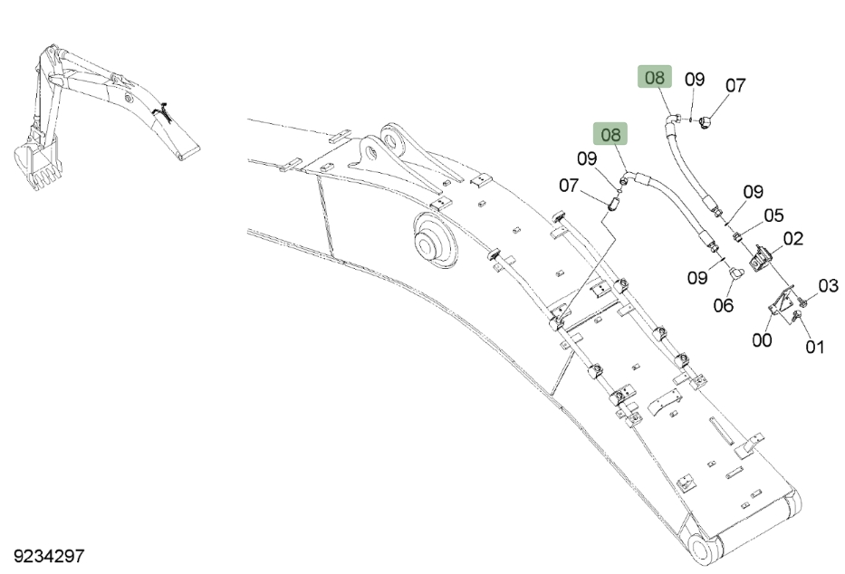 Hitachi ZX650LC-3 installation diagram showing hydraulic hose 4343209 at Pipe No. 8