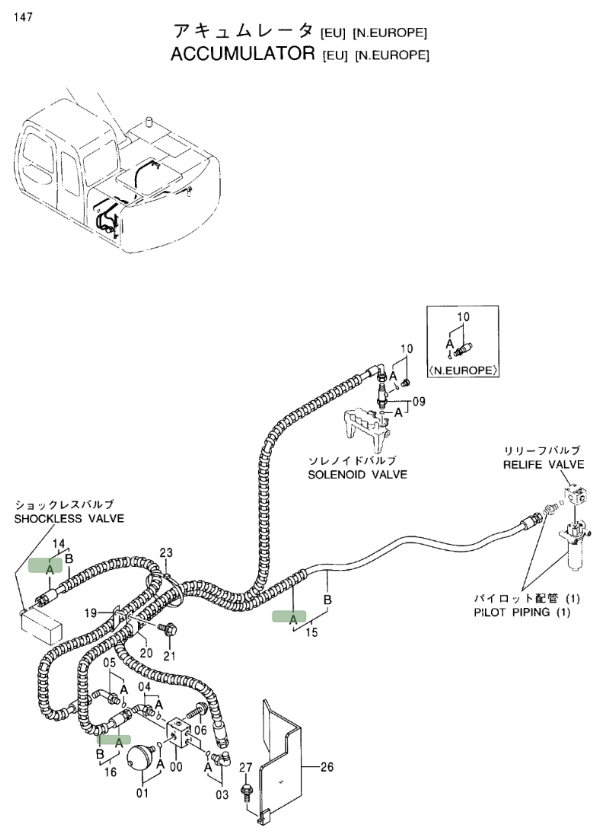 Hitachi EX100M-5 installation diagram showing hydraulic hose 4419036 at Pipe No. 15A