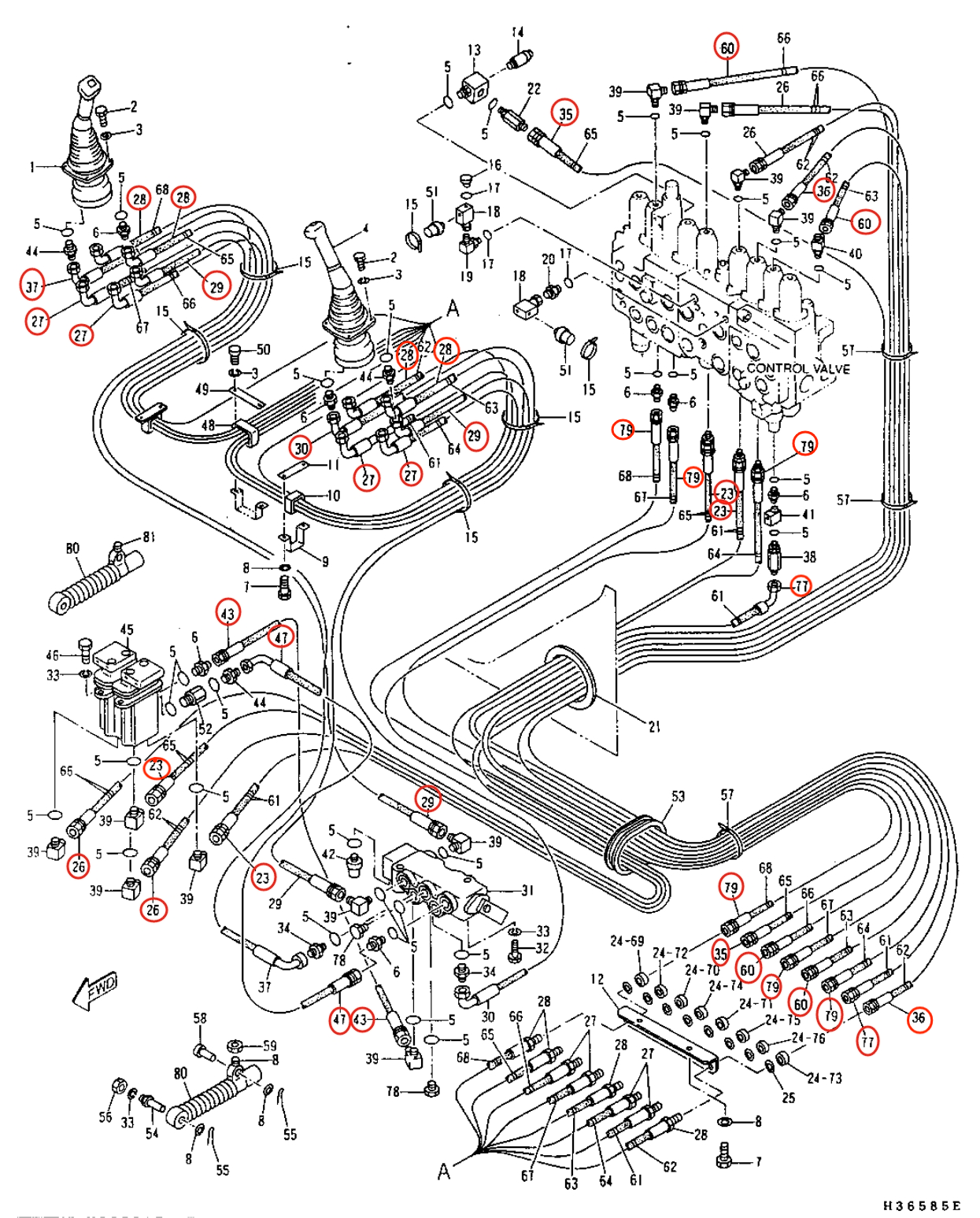 Caterpillar CAT®315-A L installation diagram showing hydraulic hose 4I-1413 at Pipe No. 60