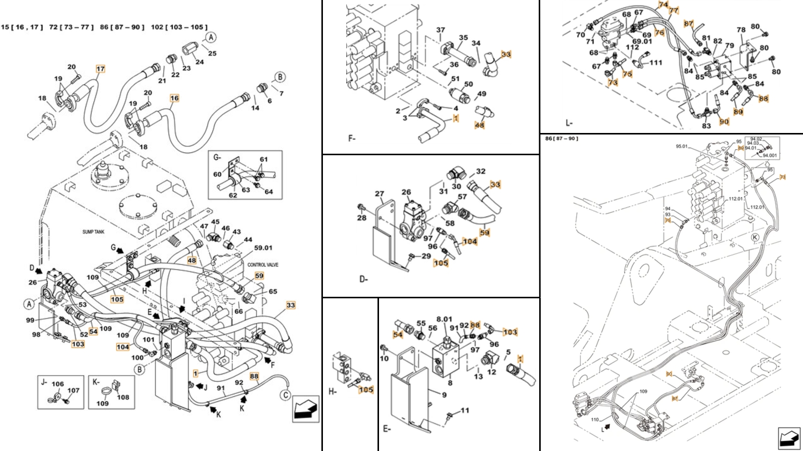 Case CX380C-8 LC installation diagram showing hydraulic hose KHJ2194 at Pipe No. 77