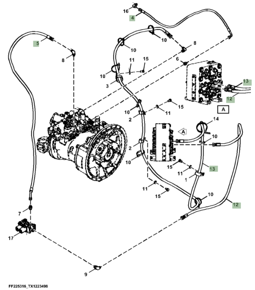 Hitachi ZX260F-FE-6N installation diagram showing hydraulic hose FF532286 at Pipe No. 13