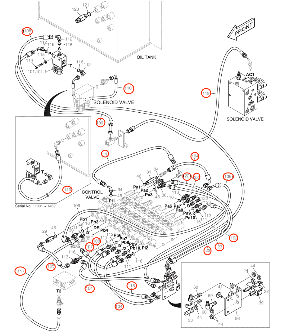 Doosan DX57W-5 installation diagram showing hydraulic hose DS2091114 at Pipe No. 105