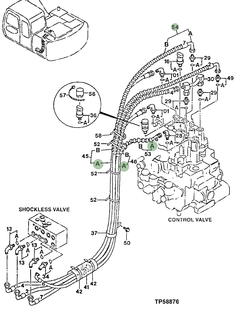 Hitachi EX110-5 installation diagram showing hydraulic hose 4366268 at Pipe No. 53A