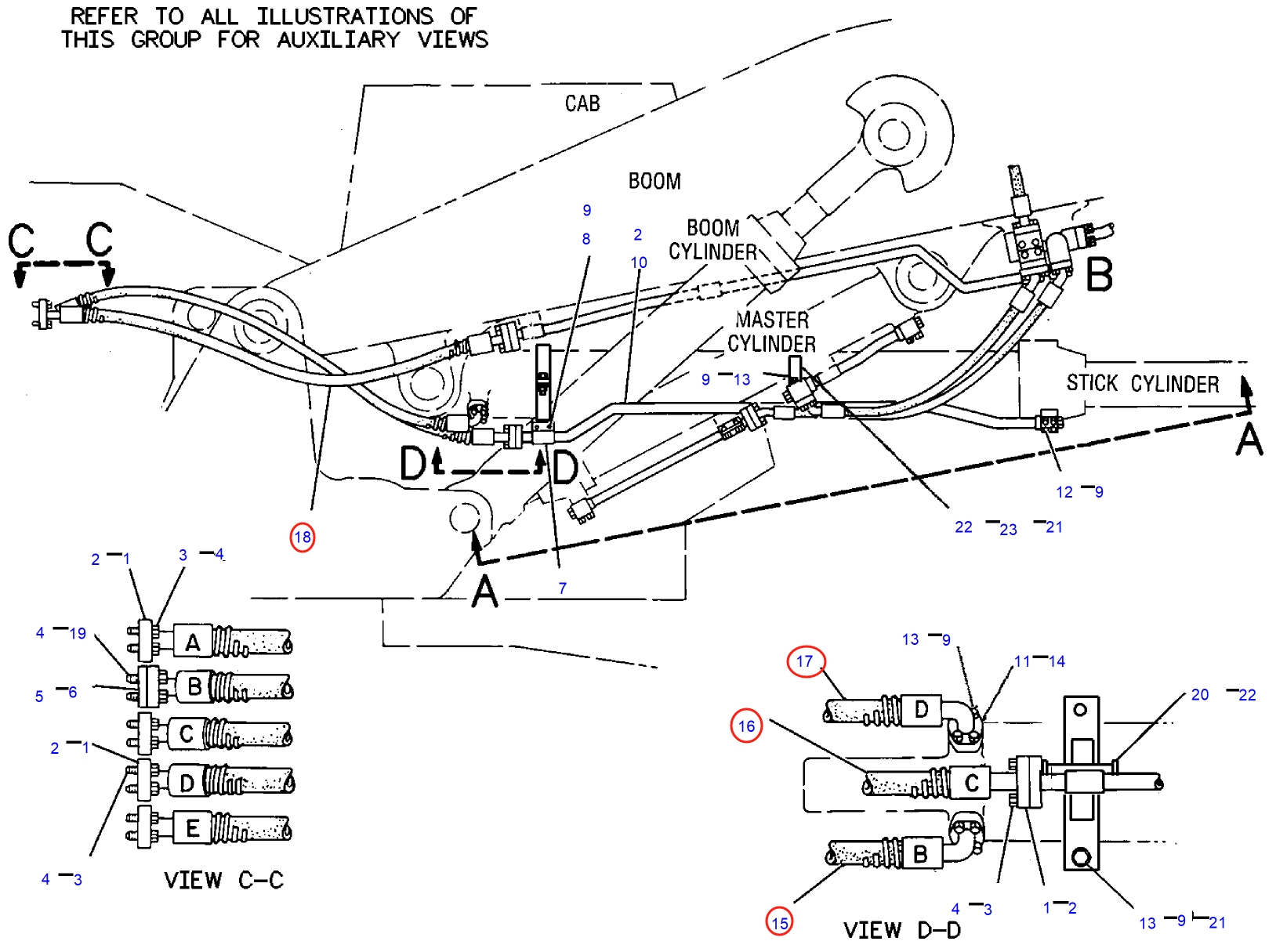 Caterpillar CAT®245D installation diagram showing hydraulic hose 2V-1061 at Pipe No. 18