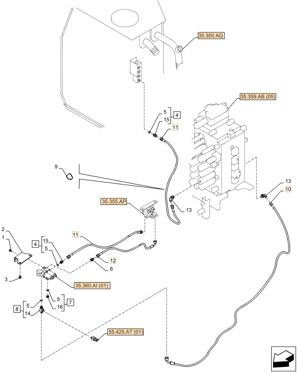 Case CX370D NLC installation diagram showing hydraulic hose KHJ11500 at Pipe No. 10