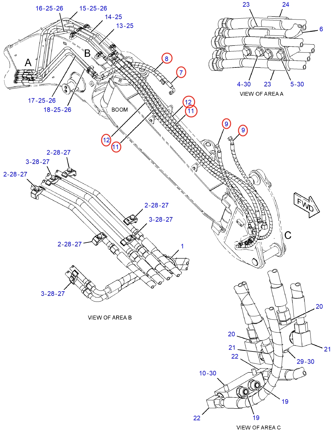 Caterpillar CAT®314E LCR installation diagram showing hydraulic hose 307-5022 at Pipe No. 11