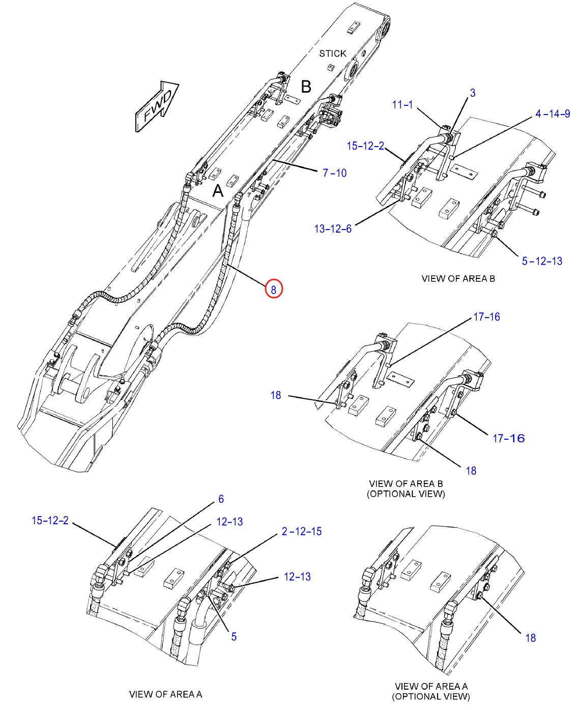 Caterpillar CAT®312E L installation diagram showing hydraulic hose 382-7076 at Pipe No. 8