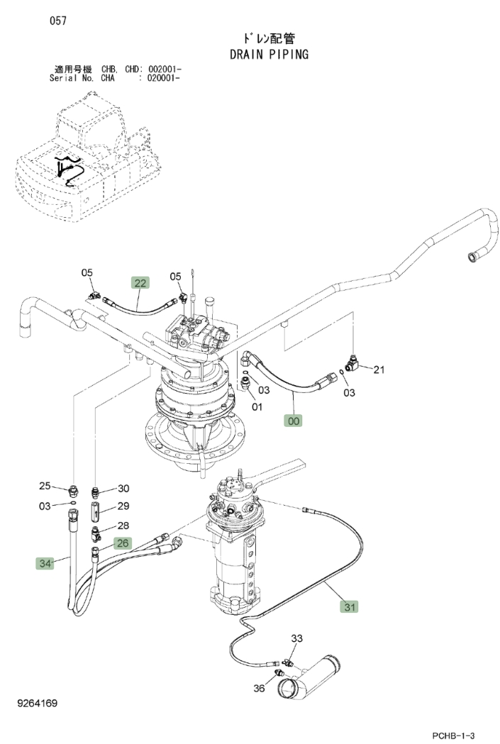 Hitachi ZX190W-3 installation diagram showing hydraulic hose 4474678 at Pipe No. 22