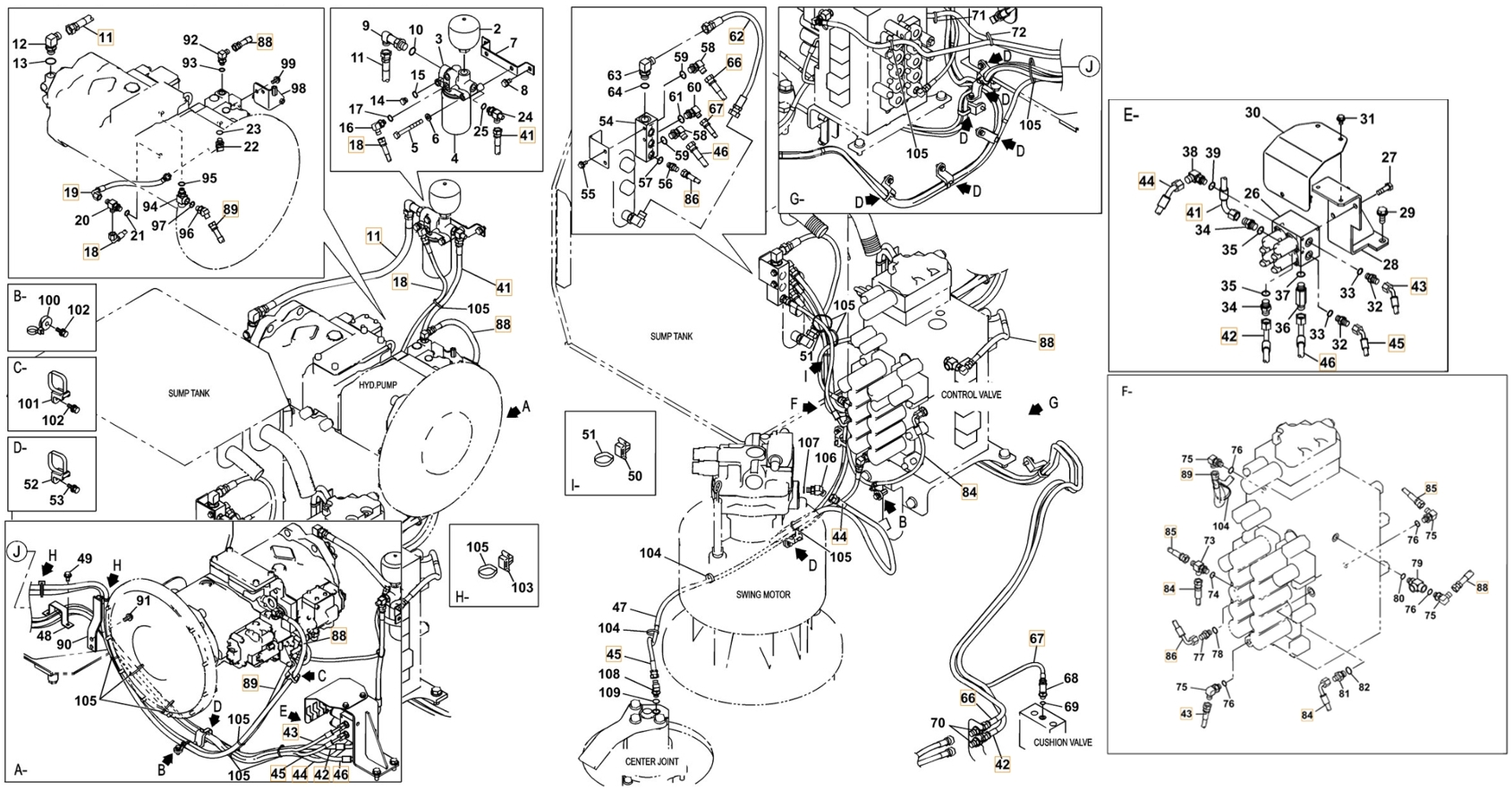 Case CX350C LC installation diagram showing hydraulic hose KHJ2309 at Pipe No. 86