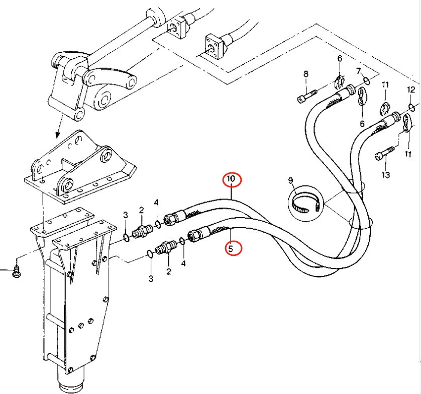 Caterpillar CAT®212B installation diagram showing hydraulic hose 8U-9186 at Pipe No. 10