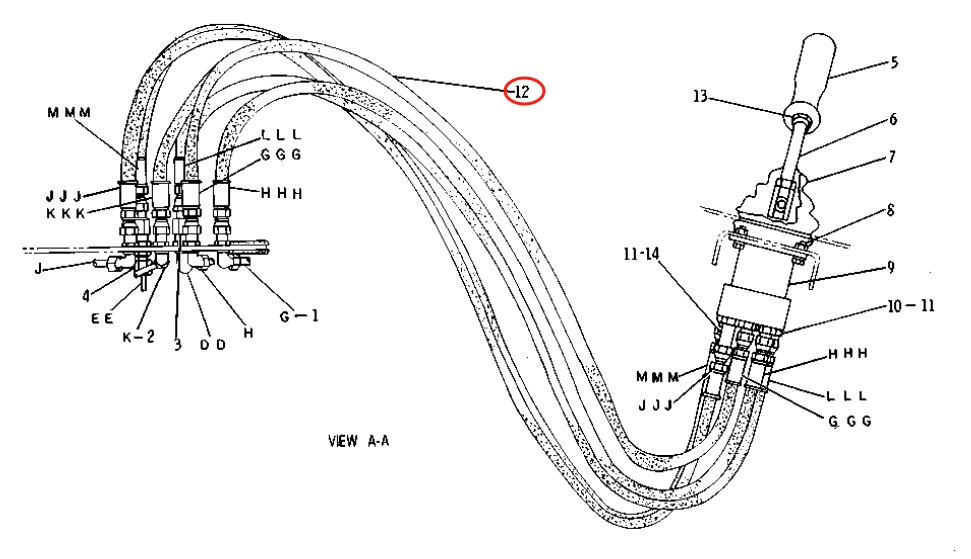Caterpillar CAT®215C installation diagram showing hydraulic hose 8R-0944 at Pipe No. 12