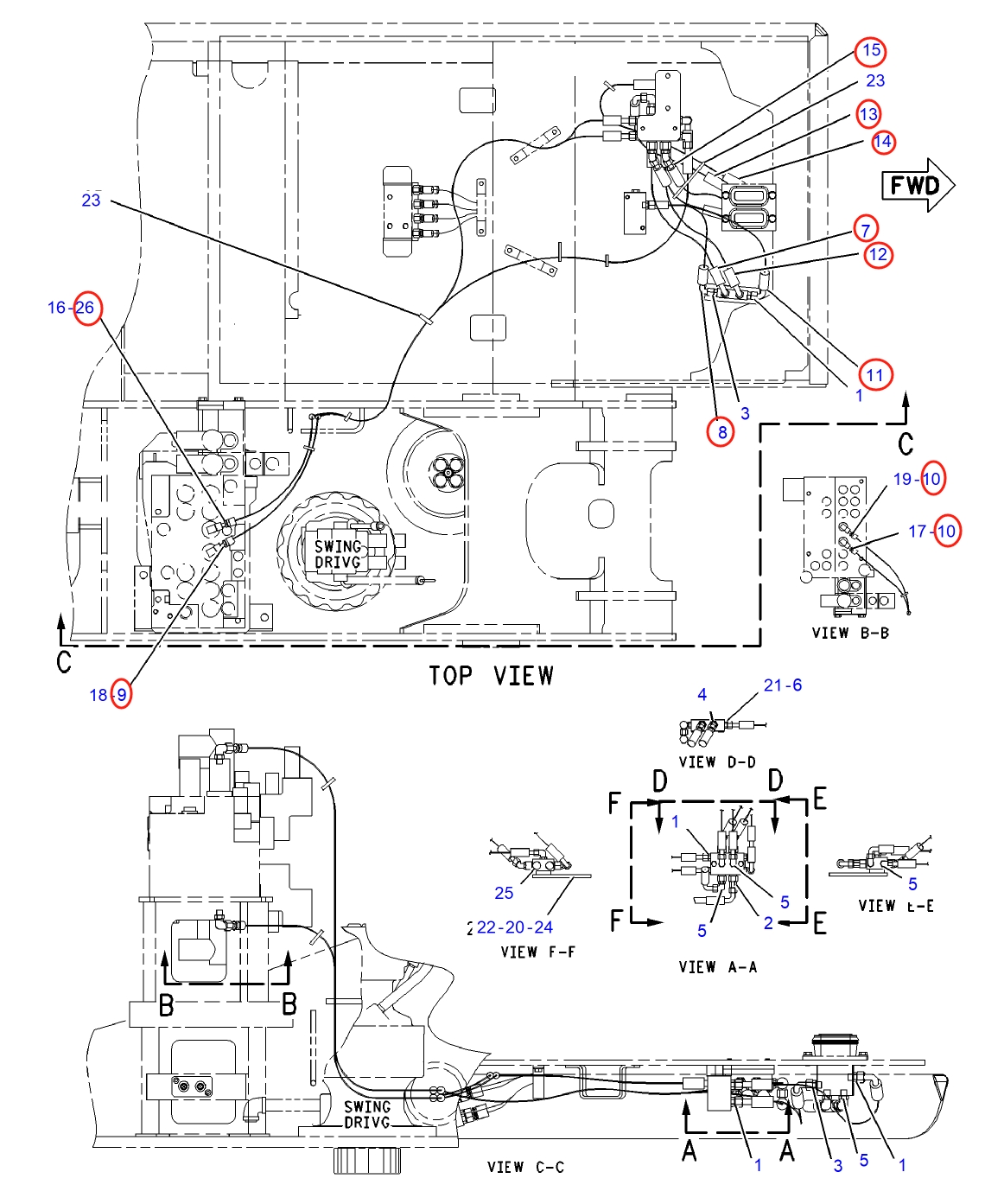 Caterpillar CAT®312C L installation diagram showing hydraulic hose 4I-3991 at Pipe No. 10