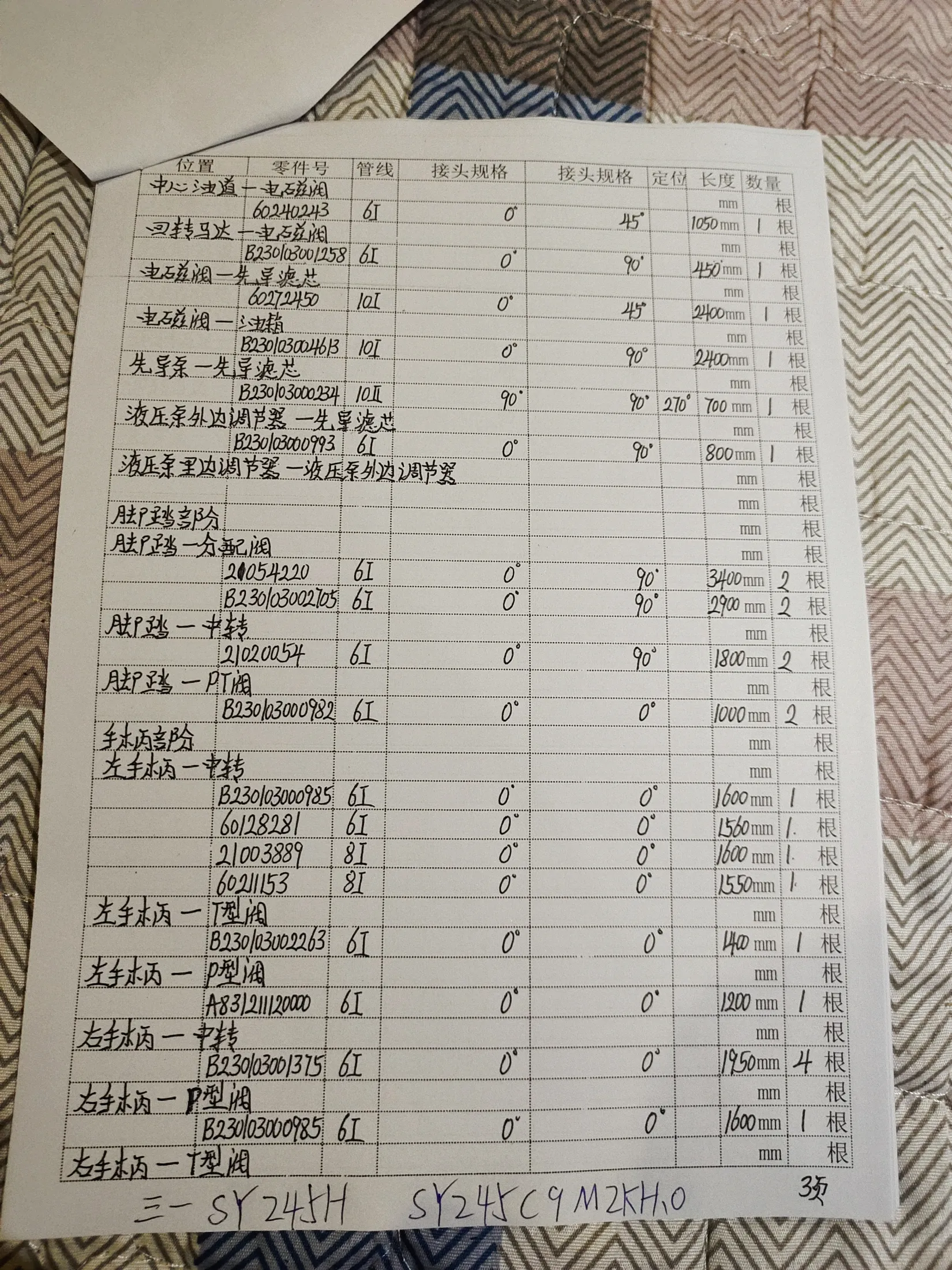 SANY SY245H hydraulic hose part numbers and recorded lengths — technician notebook page 2 of 5 — recorded hose parts A83211120000, B23003000234, B230030009856I