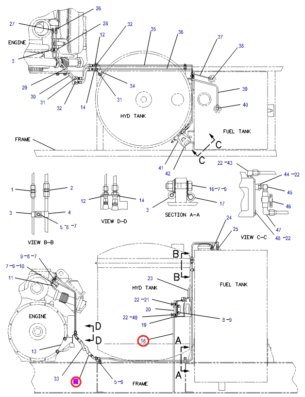 Caterpillar CAT®225D installation diagram showing hydraulic hose 7N-3761 at Pipe No. 15