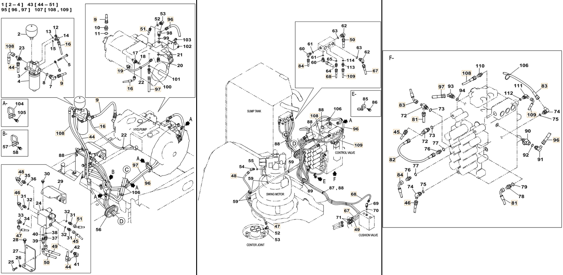 Case CX240C installation diagram showing hydraulic hose KHJ2134 at Pipe No. 109