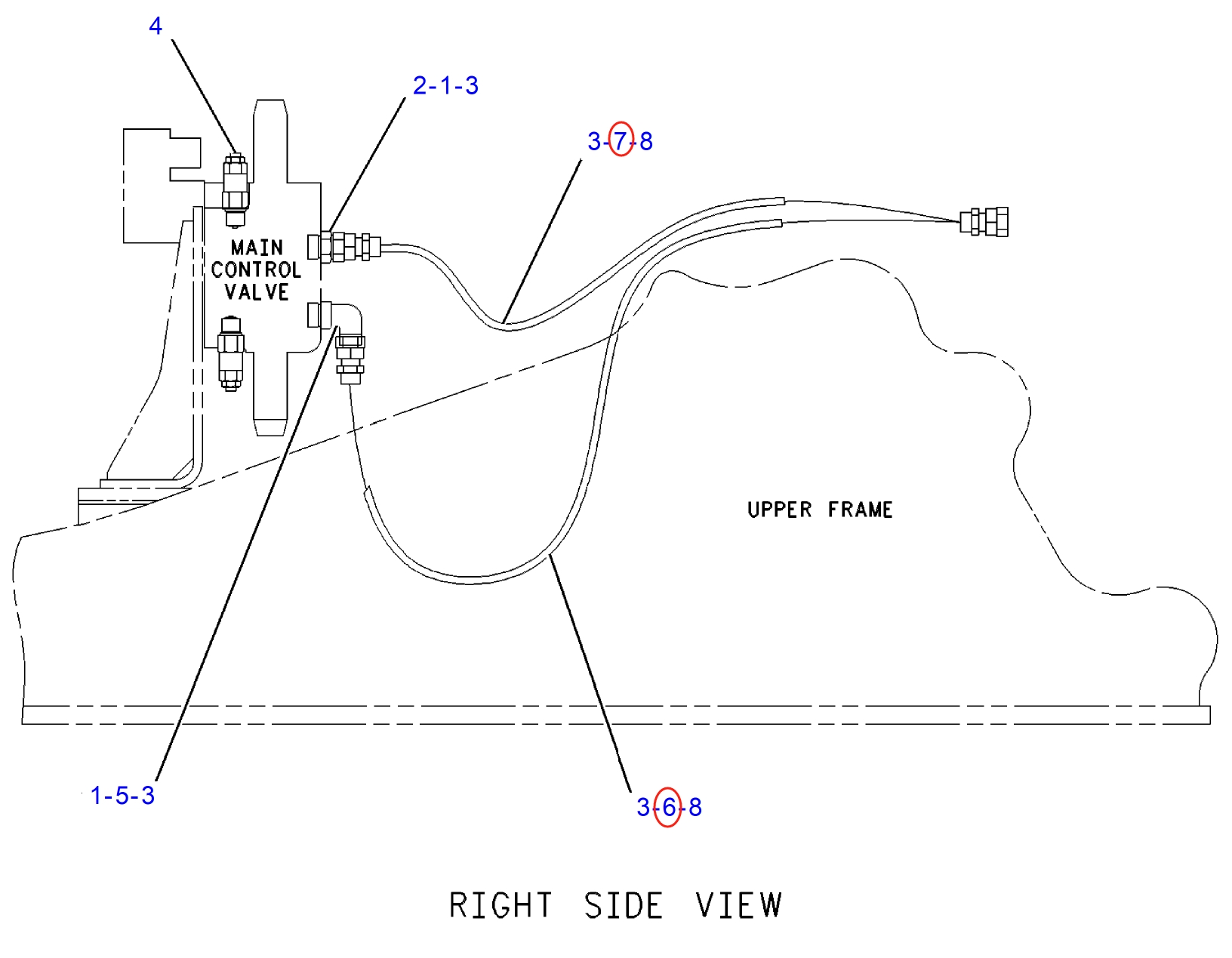 Caterpillar CAT®312B L installation diagram showing hydraulic hose 161-0004 at Pipe No. 7