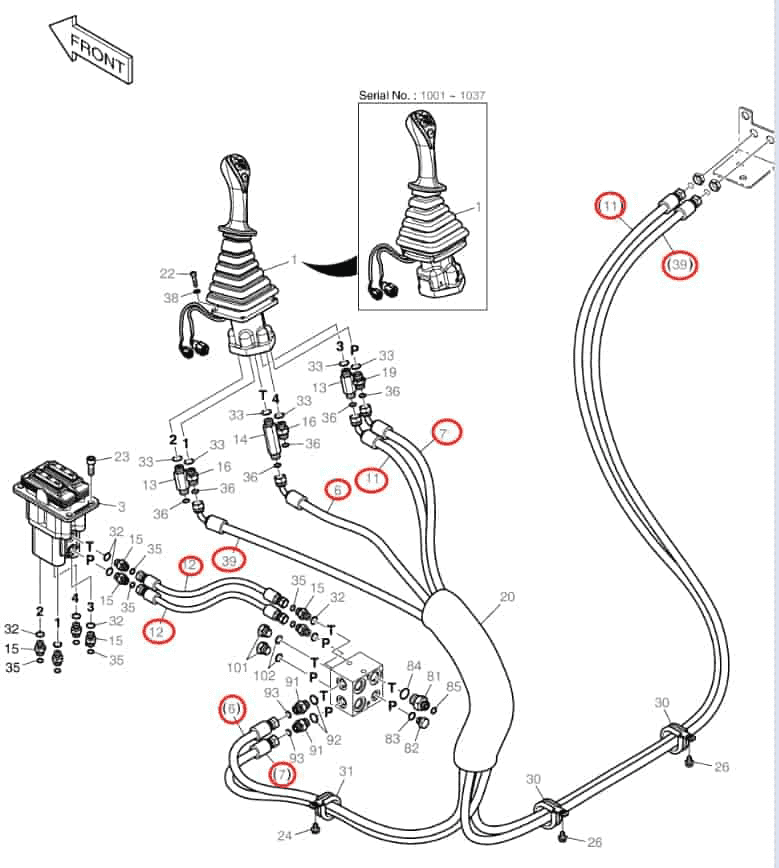 Doosan DX140LCR-3 installation diagram showing hydraulic hose DS2119126 at Pipe No. 12