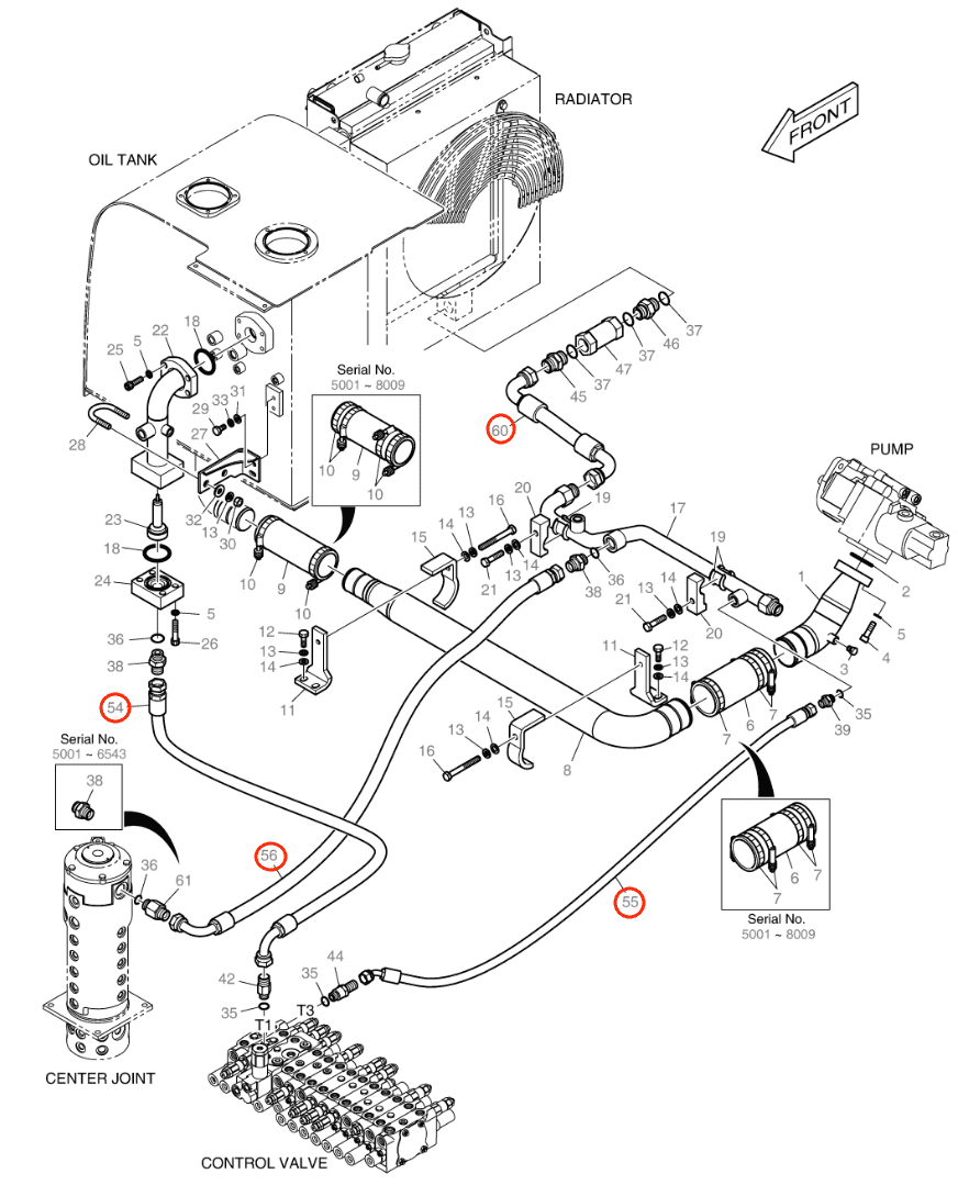 Doosan DX55W installation diagram showing hydraulic hose 2184-1060D97 at Pipe No. 55