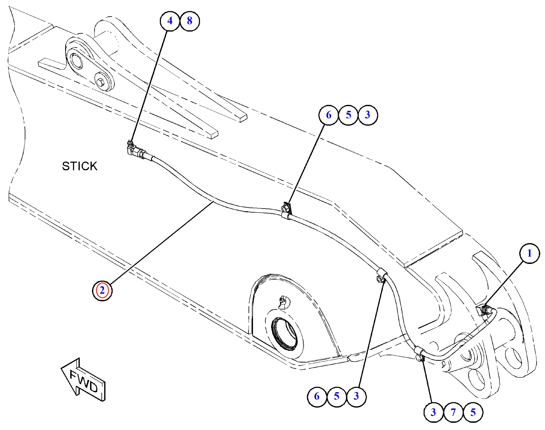 Caterpillar CAT®312D L installation diagram showing hydraulic hose 108-9097 at Pipe No. 2