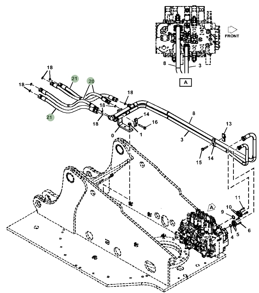 Hitachi ZX230W-5N installation diagram showing hydraulic hose 4666677 at Pipe No. 20