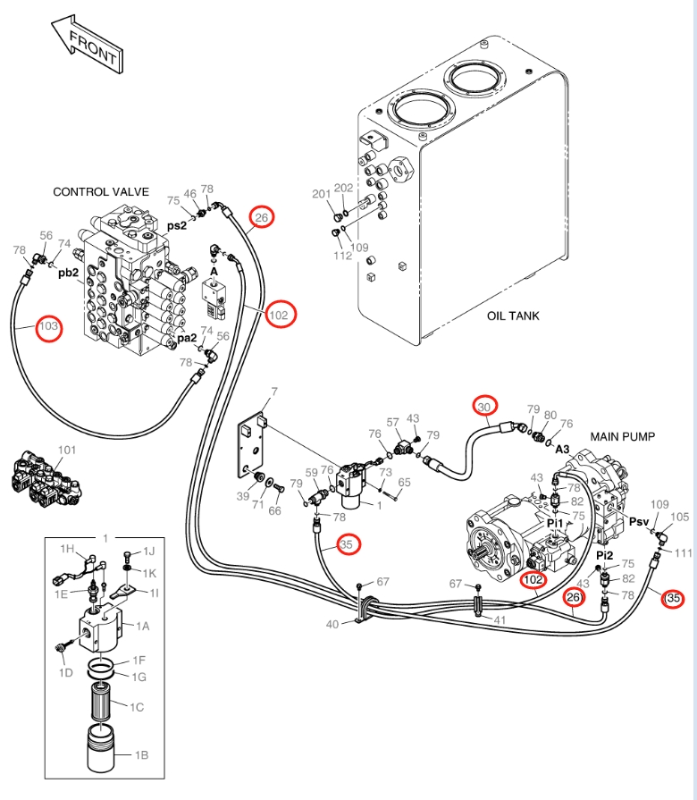 Doosan DX140LC-3 installation diagram showing hydraulic hose DS2119129 at Pipe No. 103