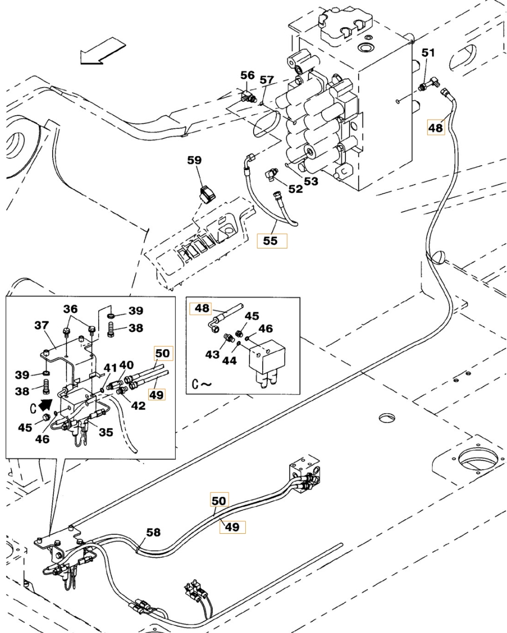 Case CX210B installation diagram showing hydraulic hose KHJ15180 at Pipe No. 49