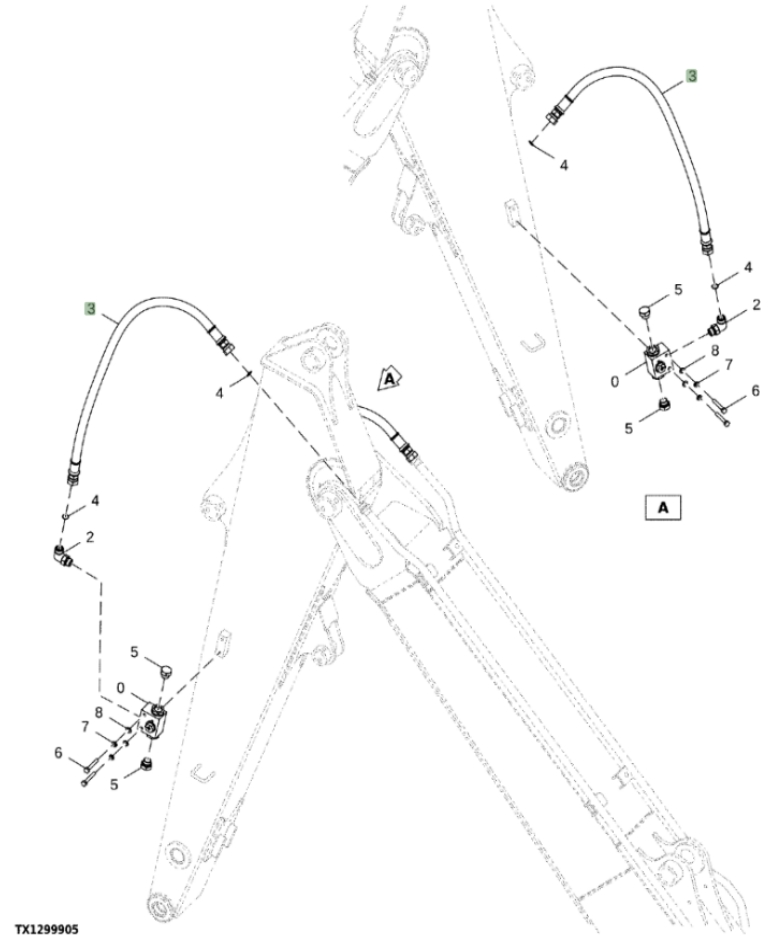 Hitachi ZX85USB-5N installation diagram showing hydraulic hose 4644709 at Pipe No. 3