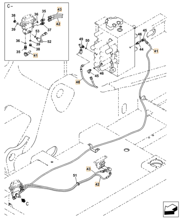 Case CX220C installation diagram showing hydraulic hose KHJ2050 at Pipe No. 43