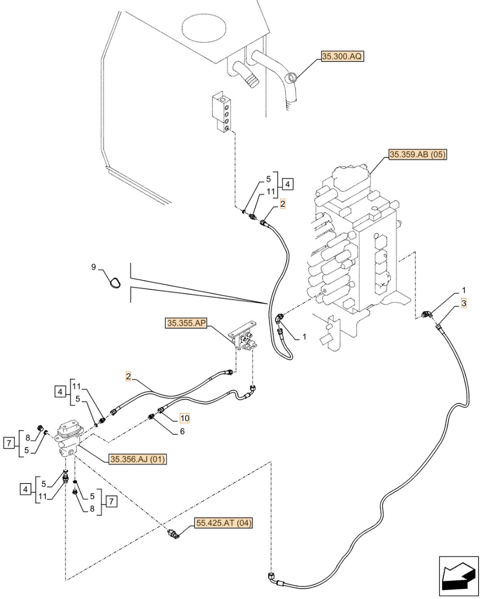 Case CX350D NLC installation diagram showing hydraulic hose KHJ2093 at Pipe No. 10