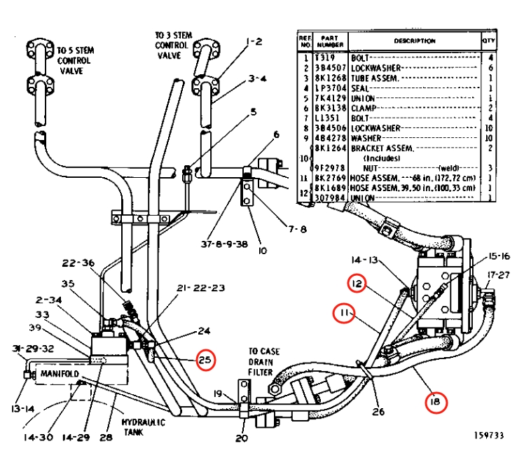 Caterpillar CAT®225 installation diagram showing hydraulic hose 8K-4809 at Pipe No. 18
