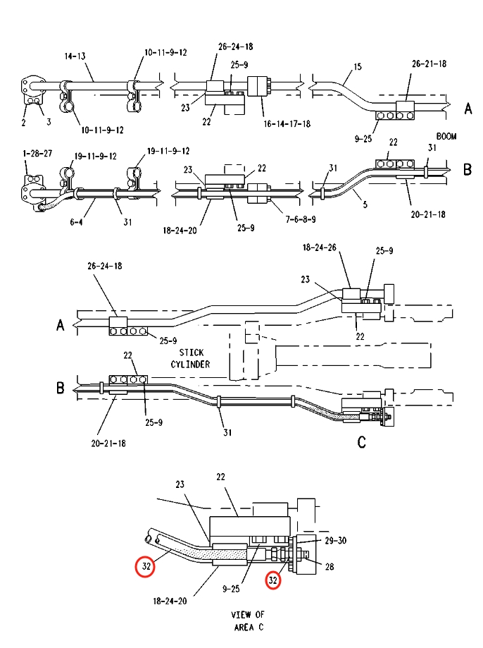Caterpillar CAT®215C installation diagram showing hydraulic hose 5C-9785 at Pipe No. 32
