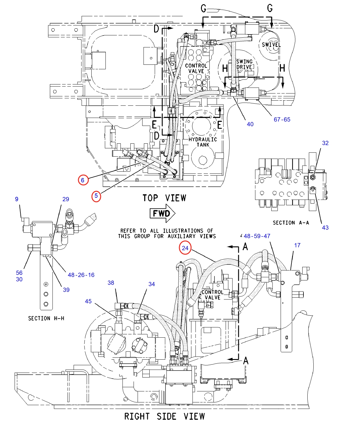 Caterpillar CAT®312C installation diagram showing hydraulic hose 131-9778 at Pipe No. 6