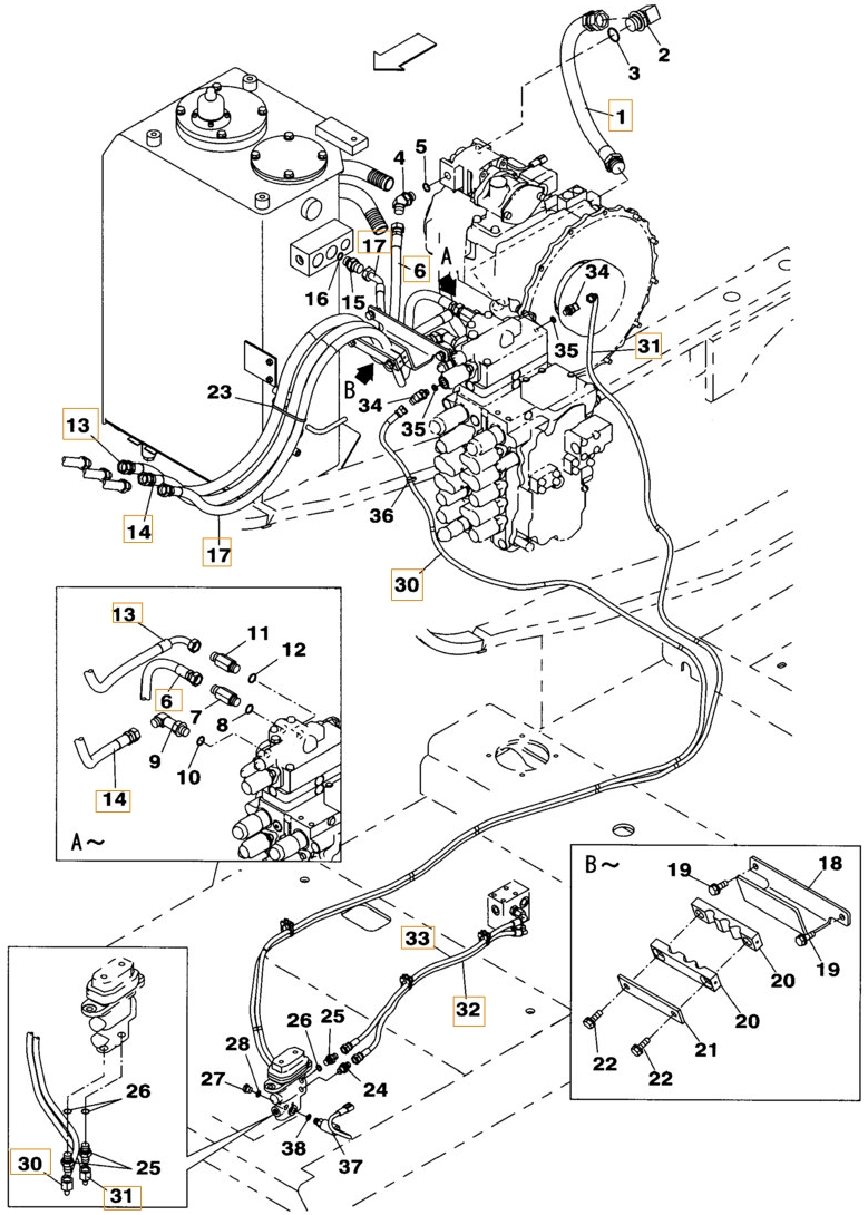 Case CX160B installation diagram showing hydraulic hose KHJ12230 at Pipe No. 30