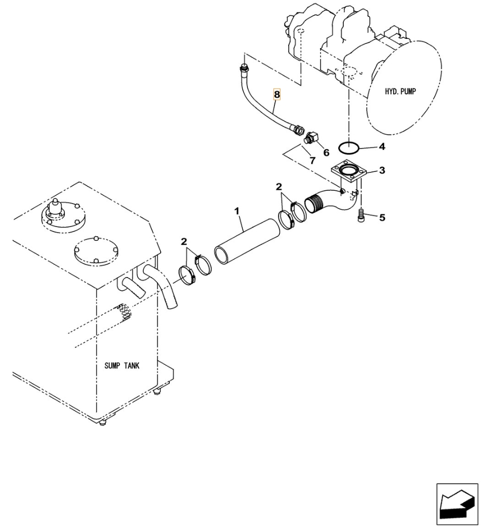 Case CX350C-8 installation diagram showing hydraulic hose KSJ2868 at Pipe No. 8