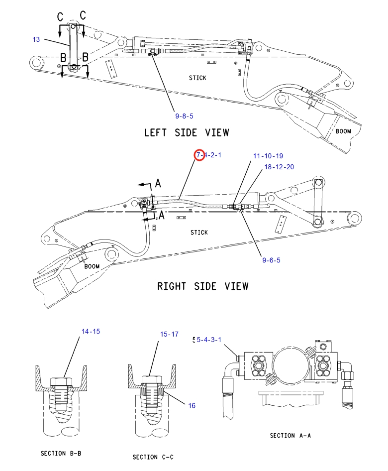 Caterpillar CAT®317B L installation diagram showing hydraulic hose 4E-5786 at Pipe No. 7
