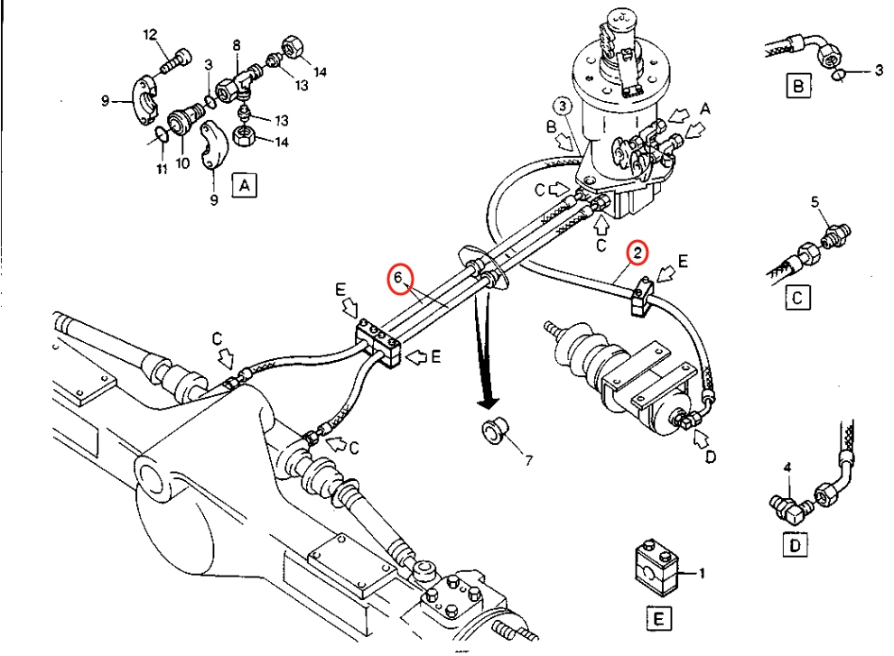 Caterpillar CAT®214B installation diagram showing hydraulic hose 8U-1638 at Pipe No. 6