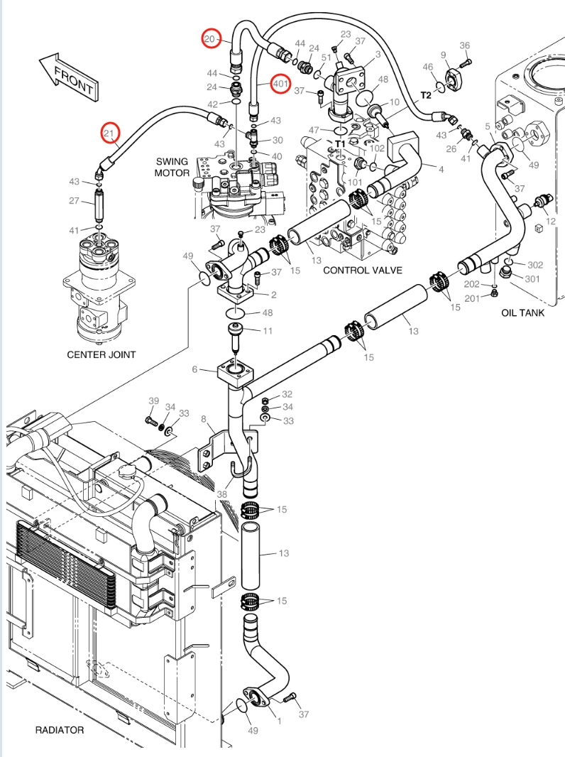 Doosan DX150LC-9C installation diagram showing hydraulic hose DS20111235 at Pipe No. 20